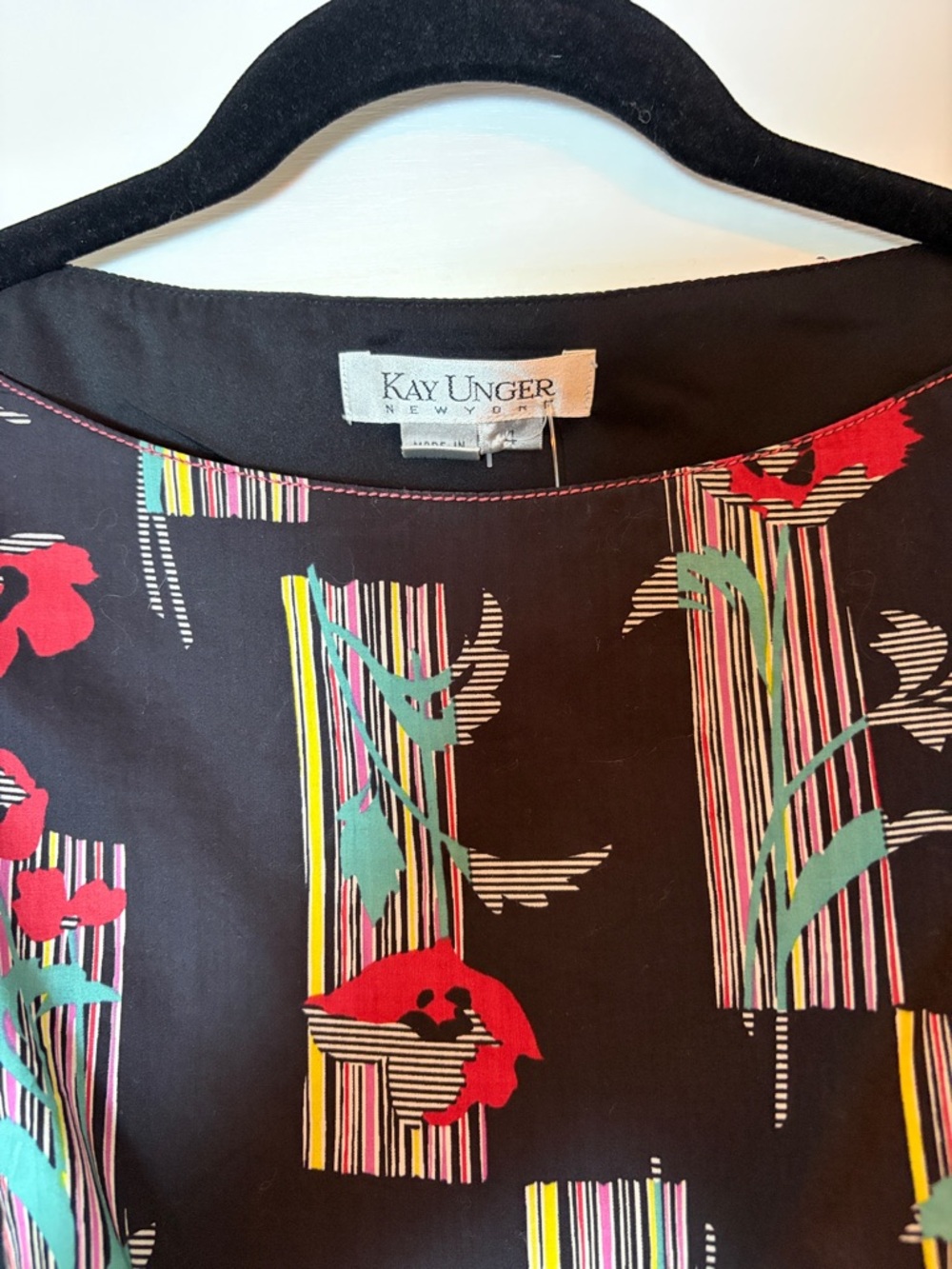 Kay Unger Black Floral Midi Dress with Red and Teal Accents
